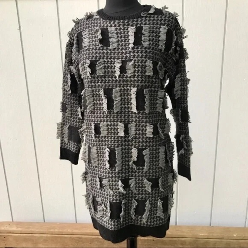 Rara Avis Iris Apfel Fringe Wool Blend Knit Sweater Dress Women's Size L BLACK